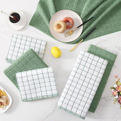 Homaxy Premium Cotton Kitchen Towels 16"x 28", Large Natural Ring Spun 390 GSM Dish Towels, Super Absorbent Terry Kitchen Hand Towels, Soft Tea Towels with Hanging Loop, Grass Green Check, 12 Pack