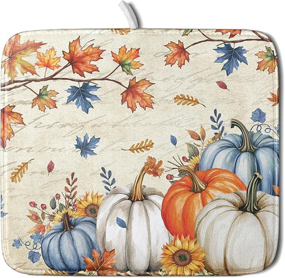 Fall Pumpkin Dish Drying Mat for Kitchen Counter 16x18 Inch Vintage Autumn Thanksgiving Absorbent Reversible Microfiber Dish Drainer Rack Mats Countertops Protector Mat