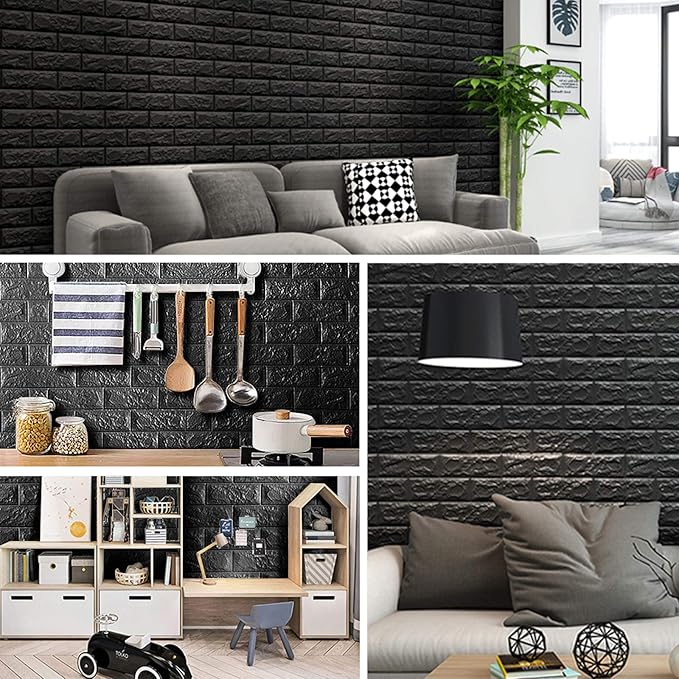 10 PCS Black 3D Wall Panels, 14.5 sq.feet Coverage, Printable Wallpaper Sticker with Self-Adhesive Waterproof Brick PE Foam Wall Panels Peel and Stick for Interior Wall Decor, Home Decoration