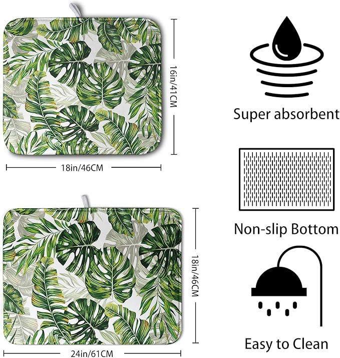 Tropical Palm Leaves Dish Drying Mat for Kitchen Counter 18x24 Inch, Green Monstera Kitchen Drying Mat,Watercolor Herbs Dishes Pad Dish Drainer Rack Mats Absorbent Fast Dry Kitchen Accessories