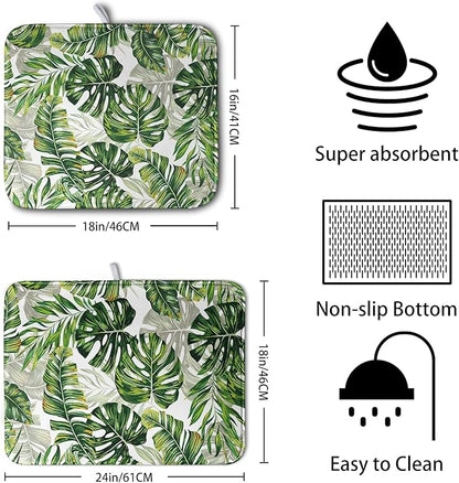 Tropical Palm Leaves Dish Drying Mat for Kitchen Counter 18x24 Inch, Green Monstera Kitchen Drying Mat,Watercolor Herbs Dishes Pad Dish Drainer Rack Mats Absorbent Fast Dry Kitchen Accessories