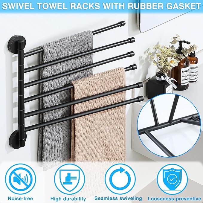 Alise Swivel Towel Rack,Folding 6 Arms Hand Towel Bars Towel Hanger for Bathroom,Wall Mount Drying Racks for Laundry,SUS304 Stainless Steel Swing Out Towel Holder Storage Space Saving,Matte Black