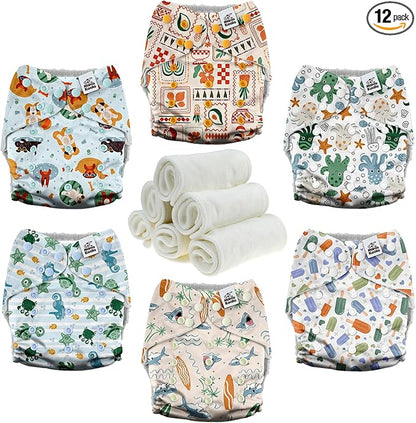 Mama Koala 3.0 Cloth Diapers for Babies with AWJ Lining, 6 Pack with 6 Natural Cloth Diaper Inserts - Reusable and Washable Pocket Diapers (in the Sea)