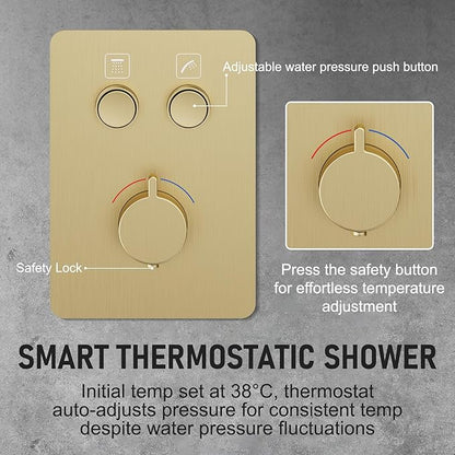 Thermostatic Shower System 13-Inch Rainfall Shower Head - 3 Setting Handheld Sprayer, Complete Bathroom Set with Faucet Mixer Trim Kit & Valve Brushed Gold