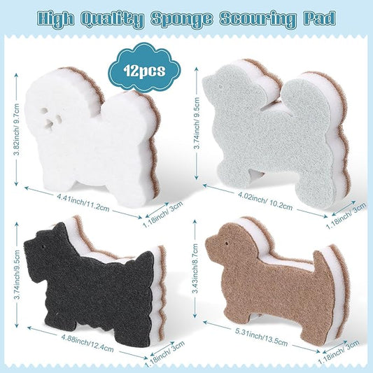 12 Pcs Kitchen Sponges for Dishes Double Sided Cleaning Dish Scrub Sponge Bulk Reusable Non Scratch Scrubbers for House Cleaning Dishwashing(Dog,White, Brown, Black, Grey)