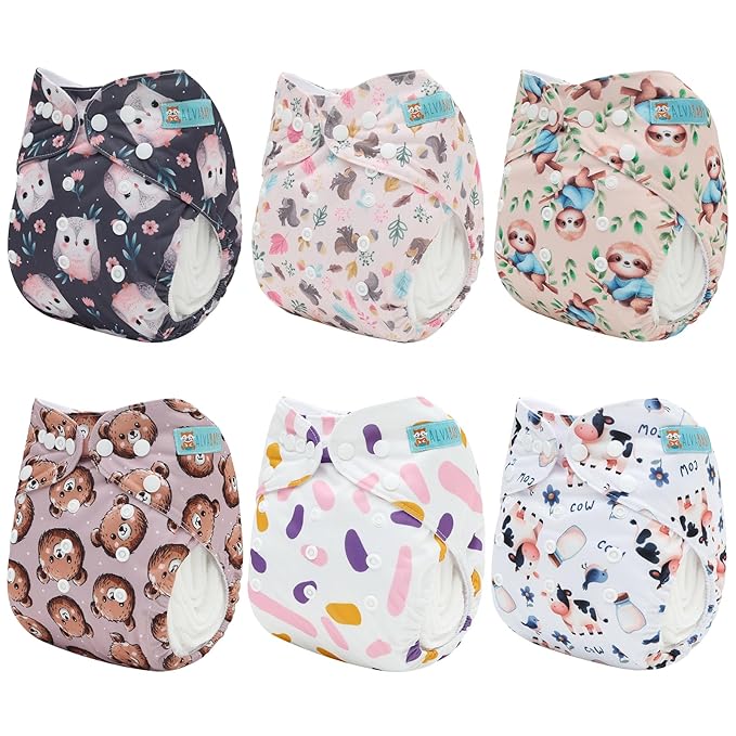 ALVABABY Baby Cloth Diaper 6 Pack with 12 Inserts One Size Cloth Diaper Covers Adjustable Washable Reusable for Baby Girls and Boys