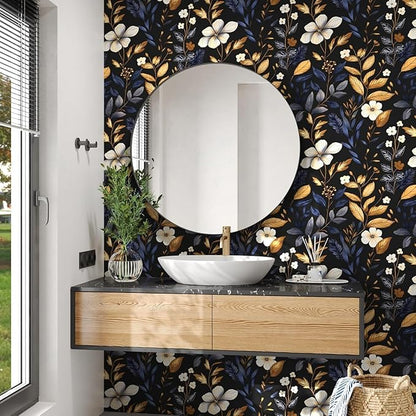 Laatse Vintage Dark Floral Wallpaper Peel and Stick Blue/Gold Leaf Wallpaper Waterproof Self Adhesive Removable Boho Wall Paper Modern for Bedroom Walls Drawer Cabinet 17.5in x 197in