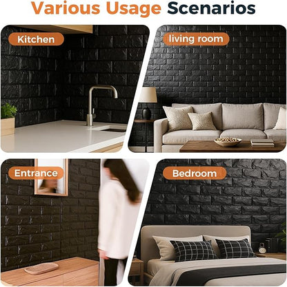 Circloophs 3D Wall Panels Stick and Peel, Black Brick Printable 3D Wallpaper Stick and Peel Self Adhesive Waterproof Foam Faux Brick Paneling for Bedroom, Bathroom, Kitchen, Fireplace (11, Black)