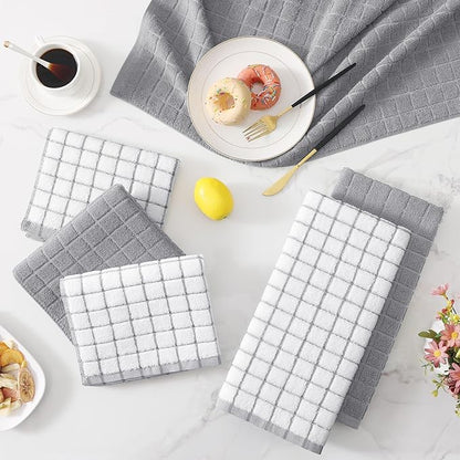 Homaxy Premium Cotton Kitchen Towels 16"x 28", Large Natural Ring Spun 390 GSM Dish Towels, Super Absorbent Terry Kitchen Hand Towels, Soft Tea Towels with Hanging Loop, Light Grey Check, 8 Pack