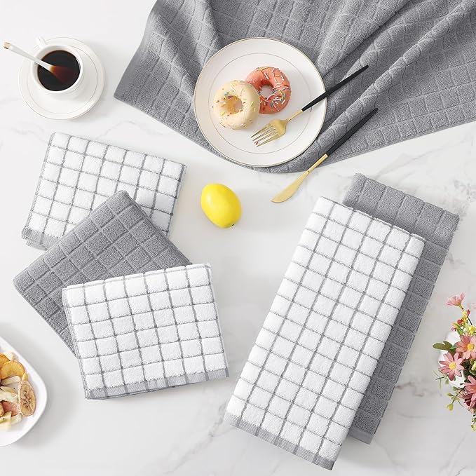 Homaxy Premium Cotton Kitchen Towels 16"x 28", Large Natural Ring Spun 390 GSM Dish Towels, Super Absorbent Terry Kitchen Hand Towels, Soft Tea Towels with Hanging Loop, Light Grey Check, 12 Pack
