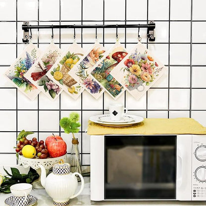 Morigins Spring Flowers Bird Swedish Dish Cloths - 6 Pack Reusable Compostable Kitchen Cloth, Cellulose Sponge Dish Towel Set