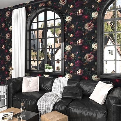 Fvlow Dark Flower Wallpaper Black Floral Peel and Stick Wall Paper 17.4" x 118" Vintage Romantic Contact Paper Waterproof Self Adhesive Goth Witchy Covering for Bedroom Cabinet Bathroom Home Decor Red