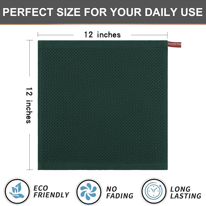 Kitinjoy 100% Cotton Kitchen Dish Cloths (12 X 12 Inches, Blackish Green), 8 Pack Waffle Weave Ultra Soft Absorbent Dish Towels for Drying Dishes Quick Drying Kitchen Towels Dish Rags