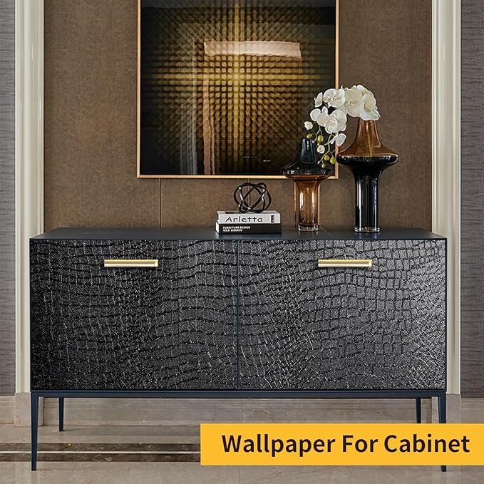 Black Crocodile Peel and Stick Wallpaper, 15.7" X 395", Embossed, Easy Peel Off, Self Adhesive, Removable, Textured, Waterproof, Scratch-Resistant, Straight Match, 43.07 sq ft, PVC, 1 Count