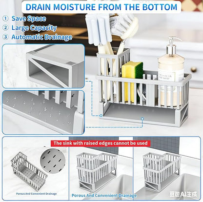 Yieach Rustproof Sink Caddy & Kitchen Sink Organizer,Plastic Dish Sponge Holder with High Scrub Brush Holder,Sponge Rack for Kitchen Sink,Multifunctional Sponge Drain Rack,Dish Soap Caddy & Dispenser