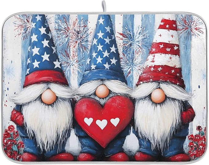 Three Cute Gnomes Pattern Dish Drying Mat for Kitchen Counter Super Absorbent Drying Mat 16x18 inch Large Dish Drying Matts for Countertop Protector Dishes Pad
