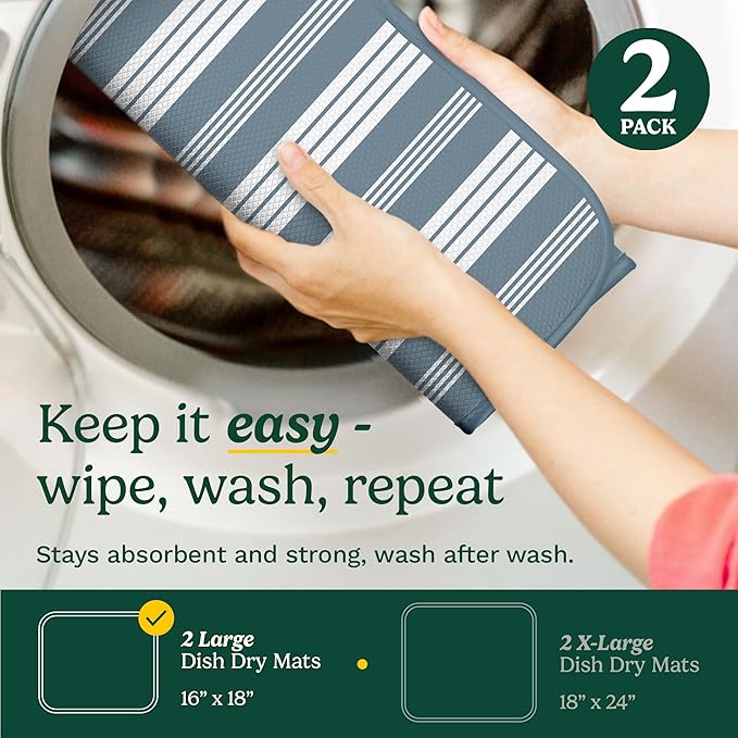 Cuisinart Dish Drying Mats for Kitchen Counter - (2) 16" x 18" Ultra Absorbent Kitchen Dish Drying Mat - Mesh Backing, Foldable, Machine Washable, Fast Drying Dish Mat (Solid Stripes)