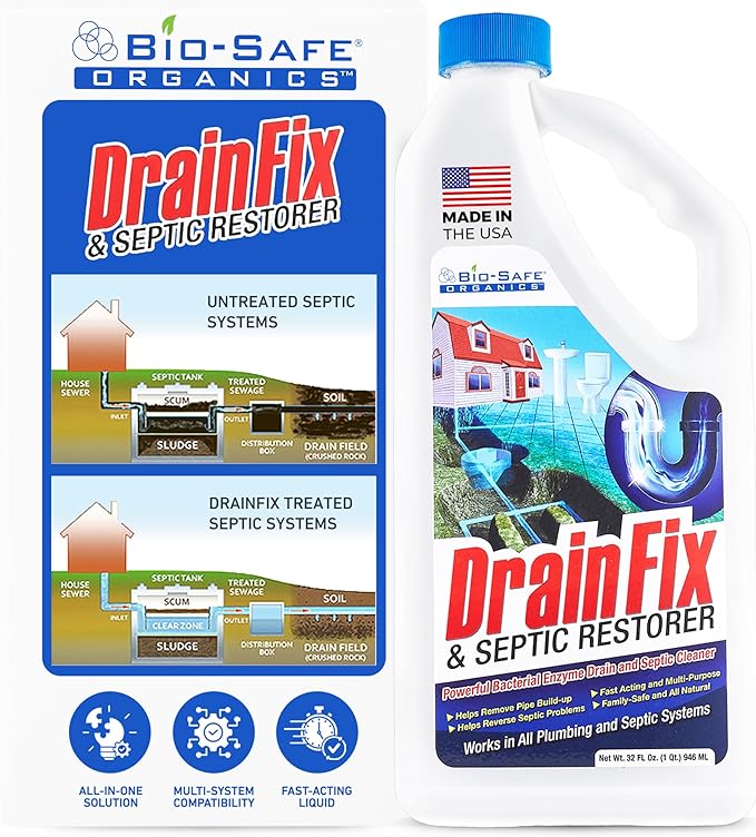 DrainFix & Septic Restorer – 32 oz Enzyme Septic Tank Treatment & Drainfield Restoration – Organic Drain Cleaner for Sewer Lines, RV & Home Plumbing – Safe for Pipes & Septic Systems