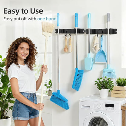 Broom Holder Wall Mount, 2-Pack Stainless Steel Mop and Broom Organizer, Broom Hanger with 2 Slots 2 Hooks for Home Kitchen, Garage, Garden and Laundry Room, Black