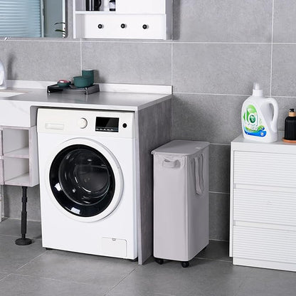 Slim Laundry Hamper with Lid and Wheels, Small Rolling Laundry Basket with Handle for Small Spaces, Tall Dirty Clothes Hampers for Dorm, Bathroom and Bedroom, 55L, Grey