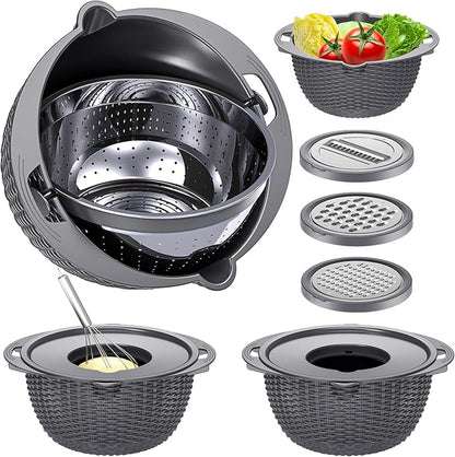 4-1 Colander with Lid Set - Rotatable Strainer With Bowl(Patented), Pasta Strainer with New Upgraded Graters, Strainer And Colanders, Fruit Cleaner, Veggie Wash, Apartment Kitchen Gadgets - Grey