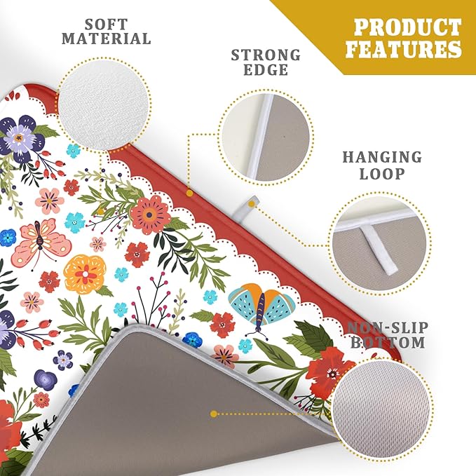 Large Microfiber Dish Drying Mat Red Floral Absorbent Drying Pad for Kitchen Counter