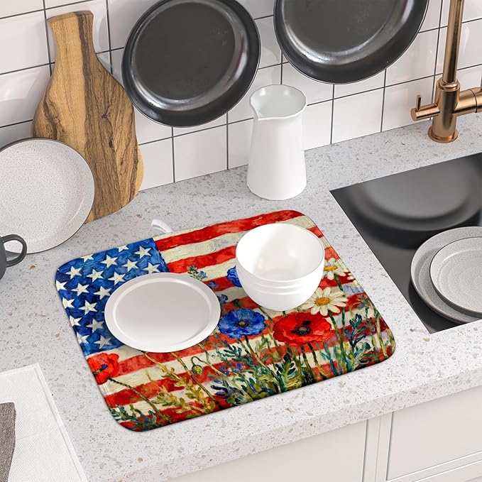 4th of July Patriotic Dish Drying Mat for Kitchen Counter 16x18 Red Blue White Floral American Flag Holiday Absorbent Reversible Microfiber Drying Mats Kitchen Countertop Protector Dishes Drainer Pad