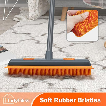 Pet Hair Removal Broom, 57.5 inches Rubber Brush Carpet Rake with Silicone Squeegee, Fur Remover Tool with Detailing Lint Comb for Cleaning Rug, Tile, Hardwood Floor (Gray Orange)