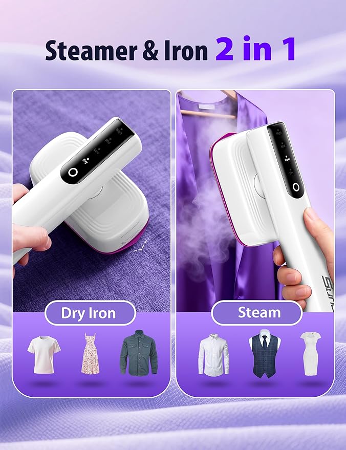 Travel Steamer for Clothes with 180 ml Water Tanks,15s Fast Heat-up,24 g/min Strong Steam Performance, Portable Garment Steamer with Touch Control, LED Display, Steam Iron(White And Purple