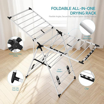RUIE Clothes Drying Rack with 2 Tier Adjustable Design, 21 Rails Heavy Duty Laundry Drying Rack with Side Clips and Shoe Holders, Foldable Clothes Drying Rack for Indoor and Outdoor Use