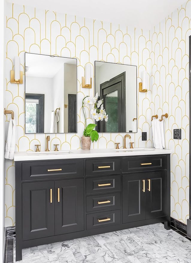 Yasinet Peel and Stick Wallpaper White and Gold Wallpaper Geometric Contact Paper Modern Stripe White Gold Removable Self Adhesive Wall Paper Decorative Wall Bedroom Vinyl Film 17.3''x118''