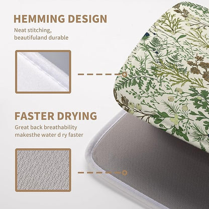 Sage Green Botanical Floral Dish Drying Mat for Kitchen Counter Vintage Herbs Fern Leaves Plant Drying Mats Absorbent Microfiber Dishes Drainer Mats Washable Dish Draining Pad Extra Large 18"x24"