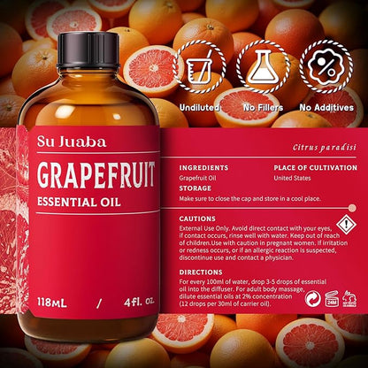 SU JUABA Grapefruit Essential Oil 4 Fl Oz, 100% Pure Natural for Massage, Diffuser, Aromatherapy, Hair & Skin Care - 118ML