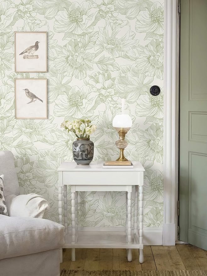Ismoon Vintage Floral Wallpaper Peel and Stick Beige and Green Contact Paper 17.3inx16.3ft Removable Self Adhesive Wall Paper for Bathroom Bedroom Cabinet Mural Wall Decor Vinyl Renter Friendly