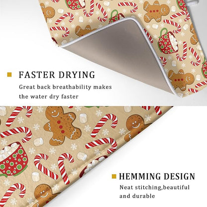 Christmas Gingerbread Man Dish Drying Mat for Kitchen Counter 18x24 Xmas Candy Cane Winter Holiday Theme Absorbent Reversible Microfiber Drying Mats Kitchen Countertop Protector Dishes Drainer Pad