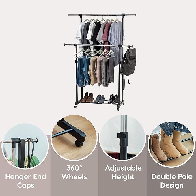 IRIS USA Portable Double-Rod Height Adjustable Clothes Rack with Extendable Bar and Lockable Wheels, Rolling Garment, Double Rod Wardrobe Rack, Easy Assemble, for Clothes, Belts, Shoes, and Bags