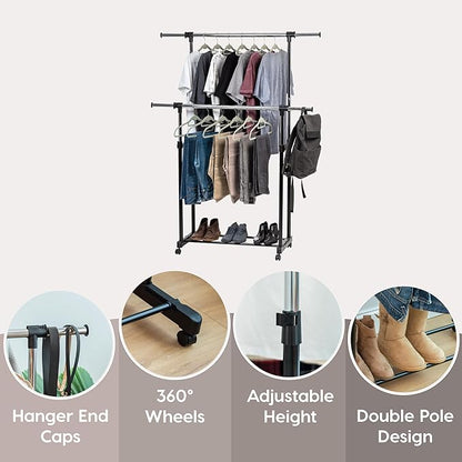 IRIS USA Portable Double-Rod Height Adjustable Clothes Rack with Extendable Bar and Lockable Wheels, Rolling Garment, Double Rod Wardrobe Rack, Easy Assemble, for Clothes, Belts, Shoes, and Bags