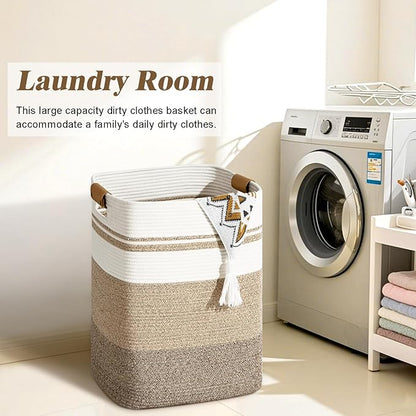 Laundry Hamper, 85L Tall Laundry Basket with Leather Handles, Rectangle Large Clothes Hamper for Organizing, Cotton Woven Laundry Baskets Storage Hampers for Bedroom, Nursery, Living Room