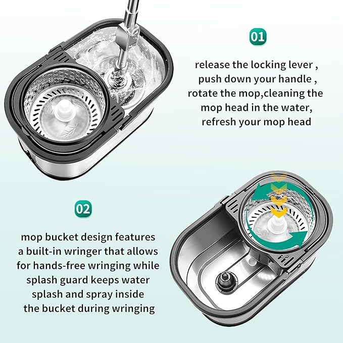 Stainless Steel Spin Mop and Bucket with Wringer Set, 360° Spinning Mop Bucket Floor Cleaning System with 4 Microfiber Mop Replacement Heads