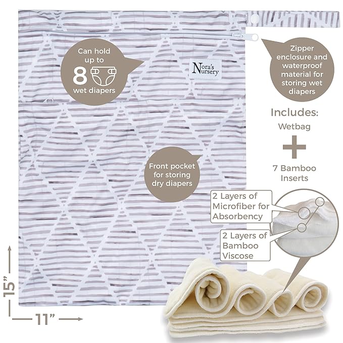 Nora's Nursery Cloth Diapers 7 Pack with 7 Inserts & 1 Wet Bag - Waterproof Cover, Washable, Reusable & One Size Adjustable Pocket Diapers for Newborns and Toddlers - Black Tie