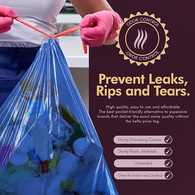 PAMI Recycling Tall Kitchen Drawstring Trash Bags- Extra-Strong Plastic Garbage Bags- Thick Trash Can Liners For Kitchen & Outdoor Bins- 2ft x2ft Unscented Trash Bags (30 Gallon – 35 Count – Blue)