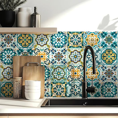 30Pcs Bohemian Self-Adhesive Wall Sticker, Floral Pattern, Peel and Paste, Waterproof Living Room Kitchen Bedroom Wall Sticker, Tile Wall Sticker, Home Wall Decor, 4x4 Inch