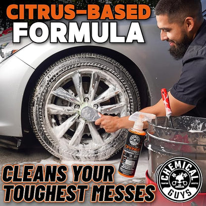 Chemical Guys Orange Degreaser 16 oz - with Professional Grade Microfiber Towel - Heavy Duty Cleaning Kit for Engines, Wheels, Tires, & More - Powerful Citrus Formula Removes Grease & Grime