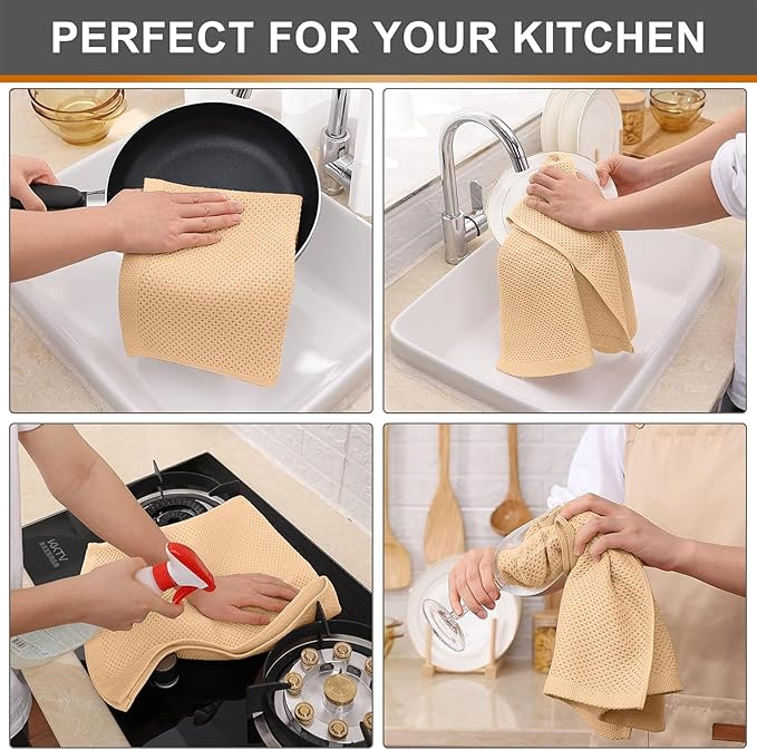 Kitinjoy 100% Cotton Waffle Weave Kitchen Hand Towels (13 X 28 Inches, Apricot), 4-Pack Super Soft and Absorbent Dish Towel for Drying Dishes