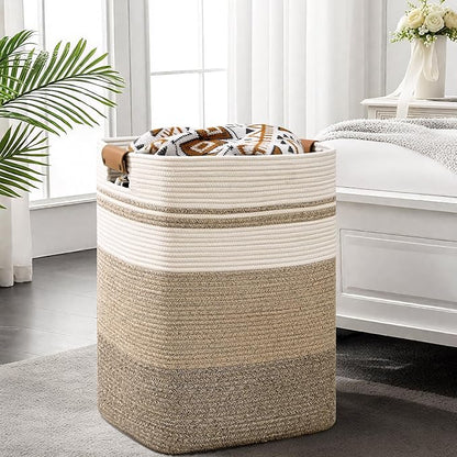 Laundry Hamper, 85L Tall Laundry Basket with Leather Handles, Rectangle Large Clothes Hamper for Organizing, Cotton Woven Laundry Baskets Storage Hampers for Bedroom, Nursery, Living Room