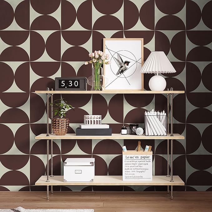 Dimoon Wallpaper 236"x17.3"Peel and Stick Geometric Contact Paper Vintage Dark Red Beige Wall Paper Removable Square Waterproof Self Adhesive Wall Covering for Bedroom Shelf Liner Decal Vinyl Roll