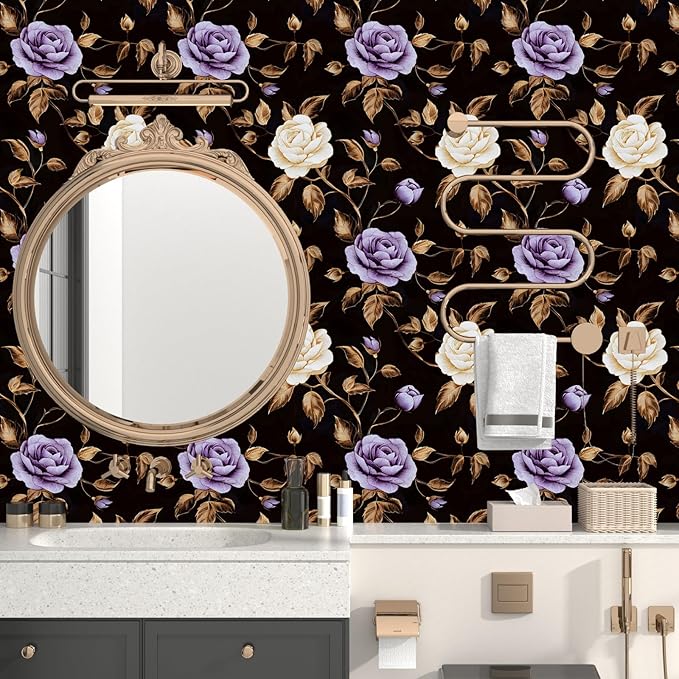 Laatse Golden Floral Wallpaper Peel and Stick Vintage Purple Gold Rose Contact Paper Self Adhesive Removable Retro Dark Flower Wall Mural for Bedroom Walls Shelves Cabinet Table Decor 17.5" x 118"