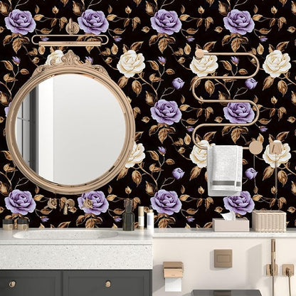 Laatse Golden Floral Wallpaper Peel and Stick Vintage Purple Gold Rose Contact Paper Self Adhesive Removable Retro Dark Flower Wall Mural for Bedroom Walls Shelves Cabinet Table Decor 17.5" x 118"