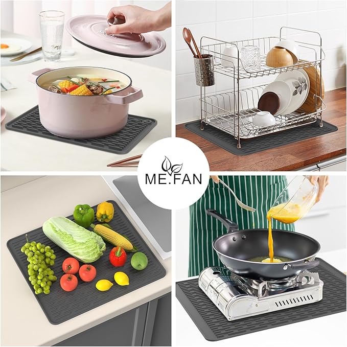 ME.FAN Silicone Dish Drying Mat for Kitchen Counter, Dish Drying Pad for Sink, Refrigerator or Drawer, Countertop Protection Pad XL - 23''×17'' - Grey