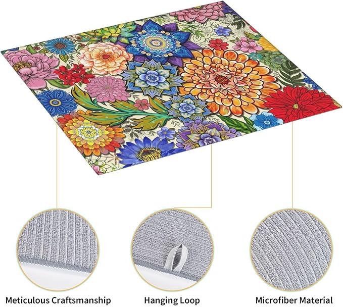 Boho Floral Dish Drying Mats for Kitchen Counter, Absorbent Microfiber Colorful Drying Pad for Dishes, Spring Easter Washable Decorative Kitchen Mat for Dining Area Sink, Home Decor, 16" x 18"